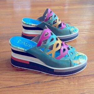 Blue and Red Platform Sandals with Crisscross Straps